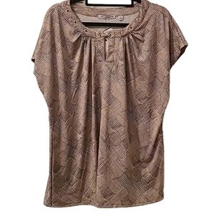 NOTATIONS WOMEN'S SHORT SLEEVE TAN & BLACK POLKA-DOT TOP SIZE LARGE